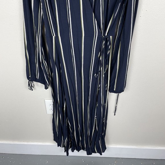 Urban Outfitters Striped Midi Wrap Dress Women's Size L Navy Blue Long Sleeve - Picture 2 of 9